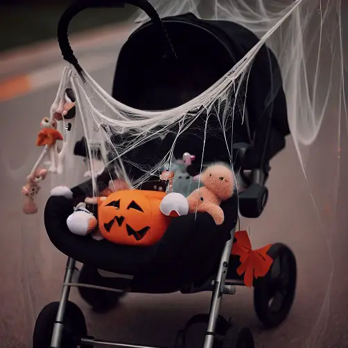 stroller adorned with halloween decor like cobweb-like streamers, spooky yet adorable plush toys, and tiny pumpkins